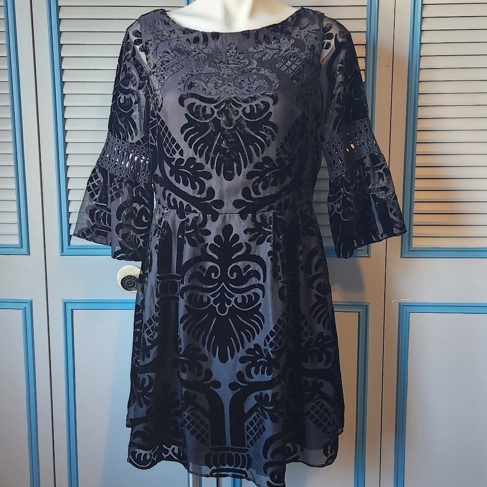 Eliza J Black Velvet Damask Pattern Dress